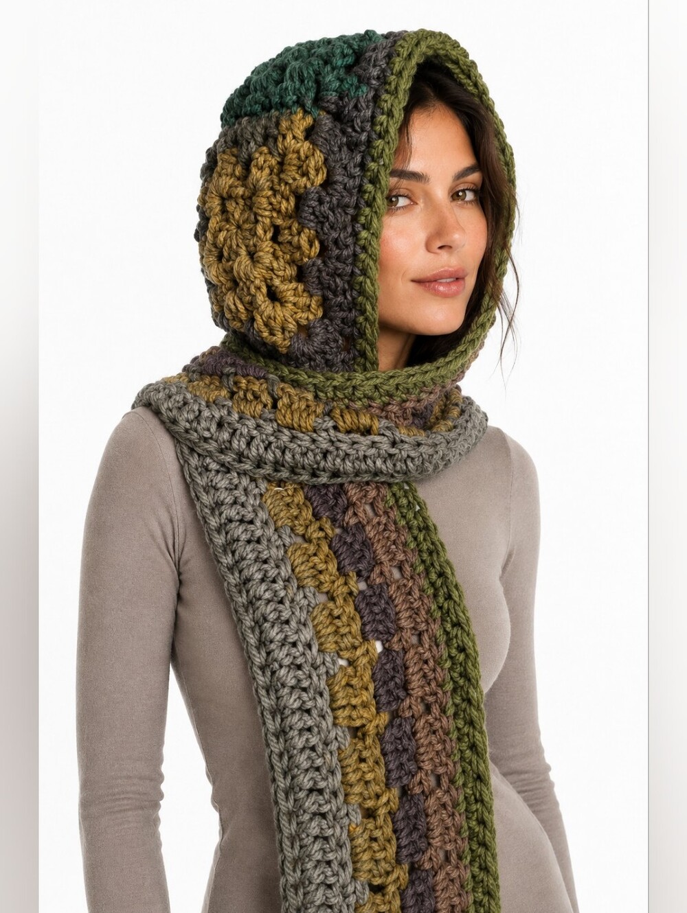 Handmade Chunky Crochet Hooded Scarf Olive Mustard Gray Granny Square boho chic